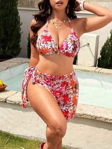 SHEIN Swim Plus Size Floral Print Tankini Swimwear Set With Mesh Skirt, European And American Style Vacation Swimwear - Multicolor - View 1