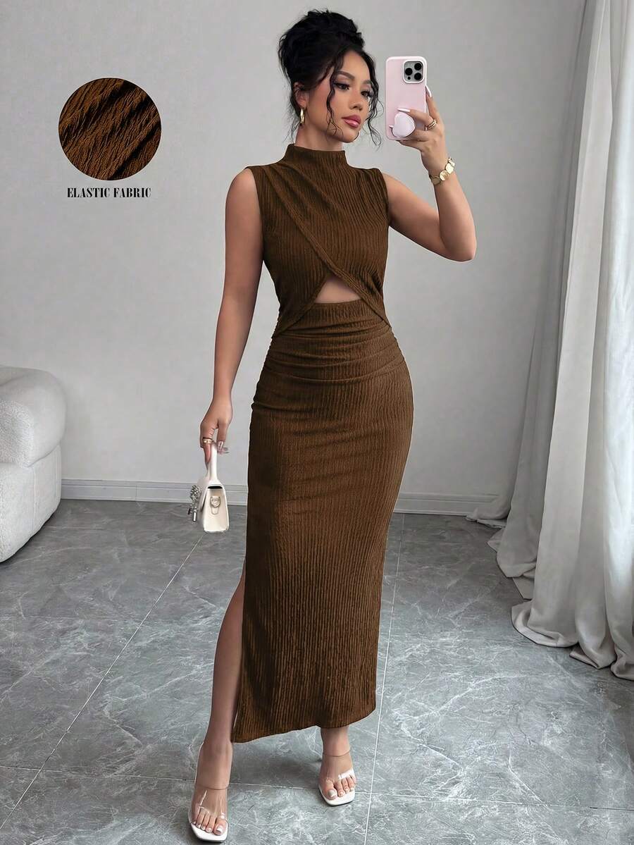 Rafferiza Black Sleeveless Stand Collar Cutout Waist Textured Fabric Dress For Women - Coffee - View 1