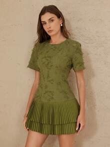BELROSIE Vestido elegante y versátil para mujer con cuello redondo, manga corta, cintura ceñida, volantes en el bajo y textura con flecos en color verde oliva - Verde - Ver 4