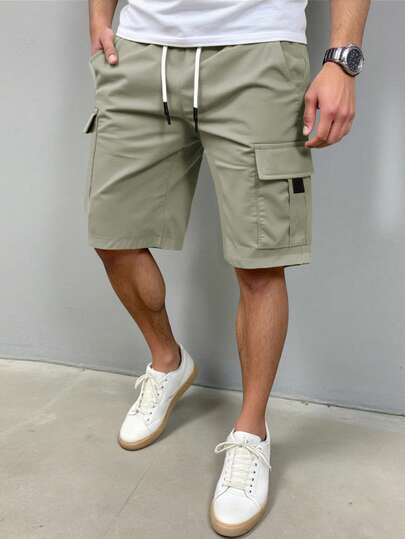 Manfinity Homme Plus Size Men's Casual Fashionable Street Style Drawstring Waist Solid Color Cargo Shorts, Suitable For Daily Commute, Travel, Weekend Outings, Outdoor Activities, And Social Occasions