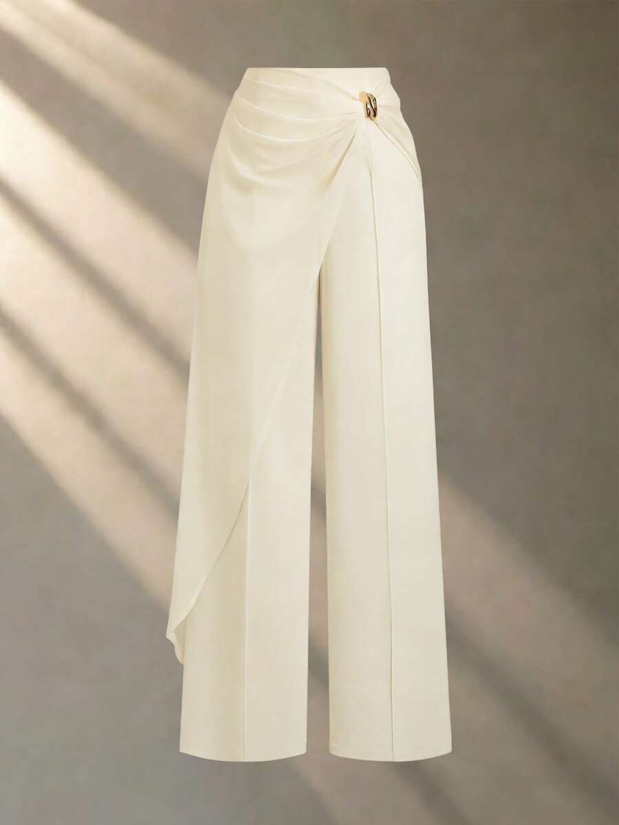 Franclia Quần dài trắng ống đứng cho nữ, quần tây thường ngày, quần công sở, quần voan, quần suông, quần mềm mại, quần cài khuy kim loại, quần đa năng, quần suông rộng, quần bất đối xứng, quần xuân/hè. - Màu be - Xem 1