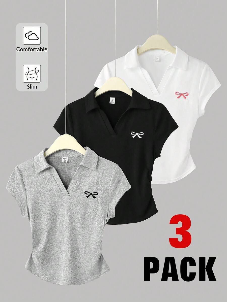 SHEIN Girlism 儿童夏季柔软舒适上衣三件套，黑/白/灰三色可选，百搭方领V领短袖T恤，设计师款夏季休闲Polo衫，修身合身剪裁，清新少女风，蝴蝶结刺绣纯色休闲Polo衫三件装，女童上衣套装，女童短袖上衣，女童针织衫，女童翻领衬衫，修身衬衫，青少年女童衬衫，舒适上衣，基础款女装上衣 - 彩色 - 查看 1