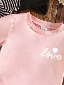 SHEIN 女童休闲百搭爱心标语印花三件套，经典条纹上衣，柔软舒适面料，超值打底套装，春夏日常穿着及户外穿搭的理想之选。 - 彩色 - 查看 4