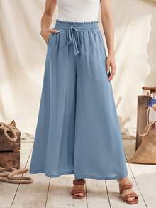 Zovinel 女士休闲百搭纯色阔腿裤 - 藍色 - 查看 3