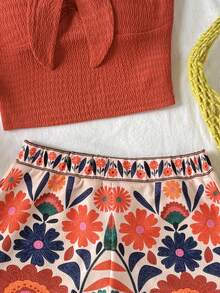 SHEIN Tween Girl Casual Minimalist Comfortable Printed Tank Top & Shorts Set Tween Girl - Multicolor - View 2