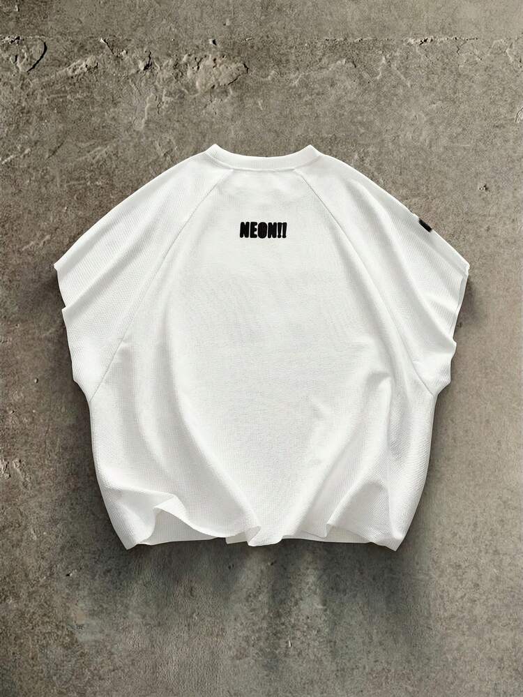 Men's Street Style White Knitted Graphic Letter Print Round Neck Knitted Top, Suitable For Summer