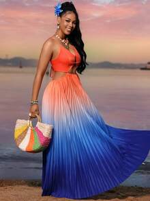 Lureya Women Multicolor Boho Long Pleated Cami Dress Ombre Random Print Ruffle Hem Sleeveless Spaghetti Strap Beachwear Prom Dresses For Women - Multicolor - View 6