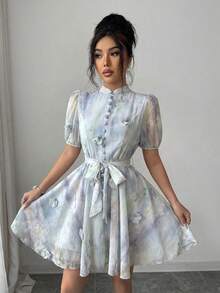 Modelyn Đầm ngắn tay ngắn thắt eo họa tiết hoa 3D nhuộm tie-dye lãng mạn, thanh lịch dành cho nữ, thích hợp cho kỳ nghỉ. - Nhiều màu - Xem 6