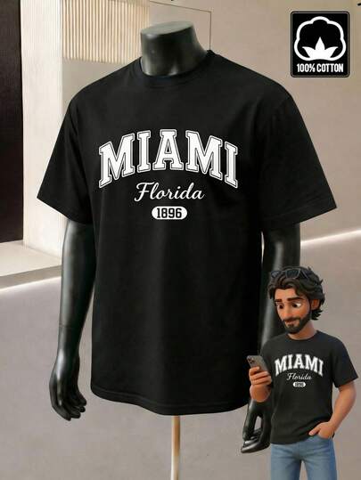 Manfinity Homme 100% Cotton Men's Letter Print Short Sleeve Loungewear Top Miami Vice Outfit Men Men Big And Tall Tees Urban Wear For Men