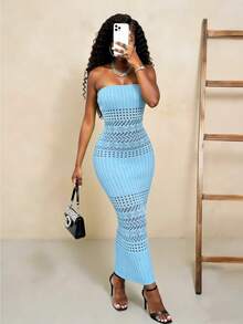 BamGleam Đầm maxi màu xanh lá chanh khoét lỗ, phong cách giản dị, sang trọng, lãng mạn, thanh lịch, gợi cảm, tối giản. - Màu xanh nhạt - Xem 3