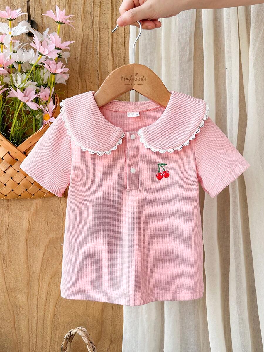 SHEIN 女婴彼得潘领短袖半开襟休闲Polo衫,春夏款 - 紅色 - 查看 1
