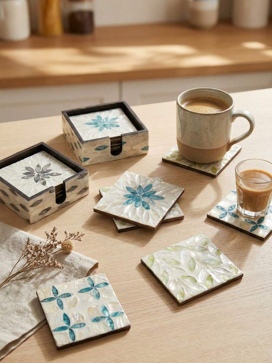 Cirelle Handcrafted Seashell Coaster Set - Southeast Asian Style Heat-Insulating Mat For Cups & Bowls, Boho Table Decor & Unique Gift - Multicolor - View 1
