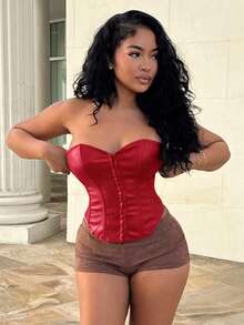 Alexandranx Red Date Night Fishbone Tight Corset Solid PU Leather Tube Top - Red - View 6