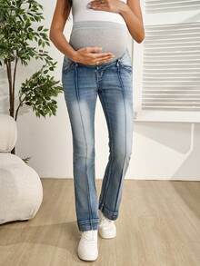 SHEIN 孕妇弹力修身喇叭牛仔裤 - 中等水洗藍 - 查看 4