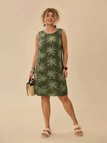 Vestido holgado sin mangas con estampado tropical para vacaciones de verano para mujer de talla - Verde - Ver 11
