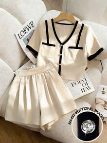 GlowEve 女士夏季休闲/办公撞色滚边V领拼接口袋短袖上衣和褶皱短裤两件套 - 彩色 - 查看 6