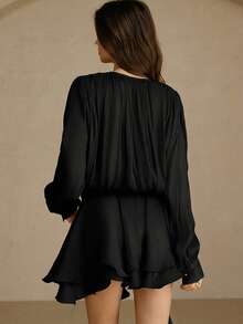 Vestido con cuello de corbata de satén brillante, diseño de cintura suelta, falda de manga larga, estilo retro elegante, adecuado para fiestas de lujo y ocasiones casuales - Negro - Ver 2
