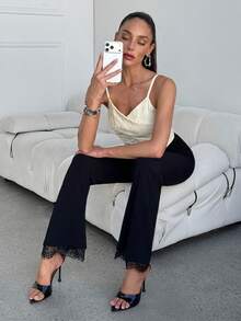 Lavishia 女士黑色喇叭裤，饰有撞色蕾丝，优雅百搭，适合通勤和日常穿着，夏季款 - 黑色 - 查看 6