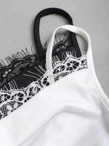 Sweetra 法式优雅简约吊带背心套装，腰部褶皱设计，蕾丝拼接胸部，性感迷人，清爽百搭，通勤必备时尚女款吊带背心 - 黑與白 - 查看 4