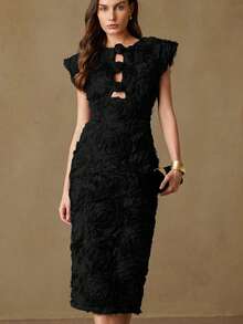 Aveloria Rosie 新款拼接串珠刺绣层叠荷叶边雪纺连衣裙，收腰设计，飘逸廓形 - 黑色 - 查看 5