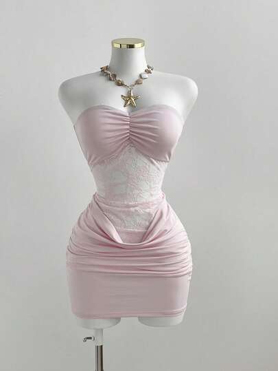 Sweetra New European And American Fashion Sexy Lace Elegant Tube Top Cinched Waist Mini Dress, Suitable For Daily, Date, Vacation