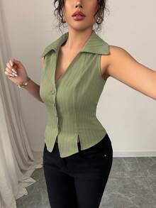 Elenzga 女士春夏法式优雅通勤休闲度假衬衫，V领，纽扣装饰，V形下摆开衩，无袖条纹衬衫 - 綠色 - 查看 6
