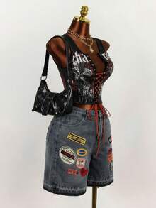 Slaydiva Quần short denim nữ kiểu dáng thường ngày, bạc màu và rách. - màu đen - Xem 4
