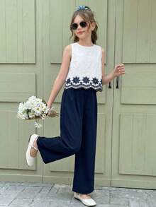 SHEIN Serisse Kids 少女蝴蝶结刺绣露背吊带背心和阔腿裤两件套休闲度假套装，藏蓝色 - 藏蓝色 - 查看 2