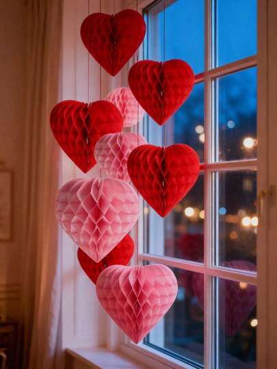5个/包，15厘米/5.95英寸情人节心形蜂窝纸球，粉色和红色心形装饰，适用于情人节、婚礼、派对装饰