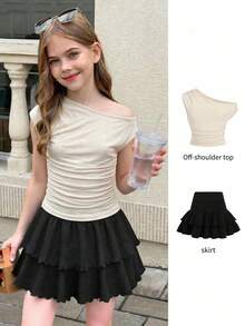 Tween Girl Casual Asymmetric Shoulder T-Shirt & Ruffle Hem Skirt Set - Black and White - View 1