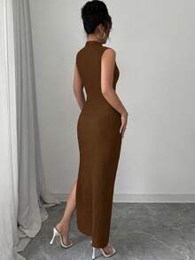 Rafferiza Black Sleeveless Stand Collar Cutout Waist Textured Fabric Dress For Women - Coffee - View 2