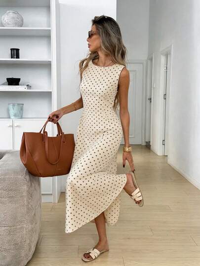 Easowa Vestido casual de moda de mujer con cuello redondo y sin mangas con estampado de lunares