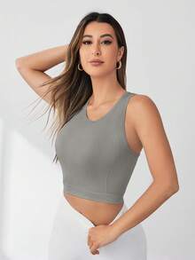 Eassivo Eassivo Seamless Elastic Sports T-Shirt & Tank Top Reflective Gym Outfit For Women Workout Fitness Tops Clothes With Built In Bra Sport - Dark Grey - View 5