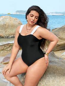Swim Lushoire Áo tắm liền thân cỡ lớn dành cho nữ với dây đeo phối màu tương phản - Đen và trắng - Xem 5