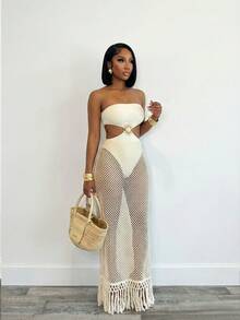 BamGleam 女士纯色镂空渔网连衣裙 - 米色 - 查看 3