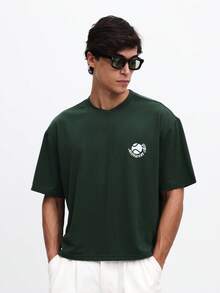 SUMWON Men Casual Boxy Fit Crew Neck Short Sleeve T-Shirt With Game Point Back Print Summer Street Style Cotton Tee - Green - View 3