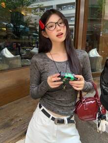 DAZY Kaos Lengan Panjang Kasual Gaya Korea Bergaris Leher Bulat untuk Wanita, Cocok untuk Musim Semi dan Musim Gugur - Grey - View 5