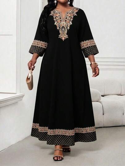 SHEIN Lady 大码优雅复古印花连衣裙