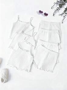 Baby Girl Solid Color Ribbed Camisole And Shorts Casual Set - Multicolor - View 6