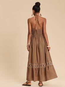 Travachic 1pc Women's Spring/Summer Vacation Sexy Textured Fabric Halter Neck Tie Waist Ruffle Hem Midi Dress - Coffee - View 4