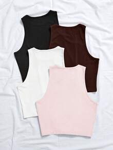 Chiquease 4pcs Solid Tank Top Graphic Tees Women Tops - Multicolor - View 2