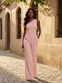 Women's Oblique Shoulder Ruched Wide Leg Pants With Pockets, Practical Commuting Jumpsuit For Spring/Summer - Pink - View 3