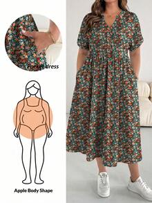 SHEIN Essnce 休闲度假浪漫绿色碎花印花大码女式短袖连衣裙，适合春夏穿着 - 彩色 - 查看 1