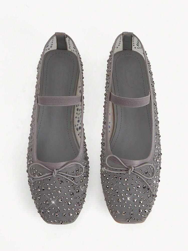 CUCCOO CHICEST Women Shoes Spring And Summer Fashion Gray Full Diamond Mesh Yarn Small Bow Elastic Band Women's Flat Shoes Elegant Comfortable Breathable Cute Sweet Mary Jane Flat Women's Shoes