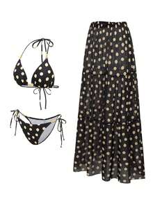 Swim Oasis 女士黑色和黄色波点露背性感沙滩度假比基尼三件套，夏季 - 黑色 - 查看 5