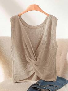 CosyJoli Plus Size Casual Twist Knot Sleeveless Knit Tank Top - Khaki - View 1