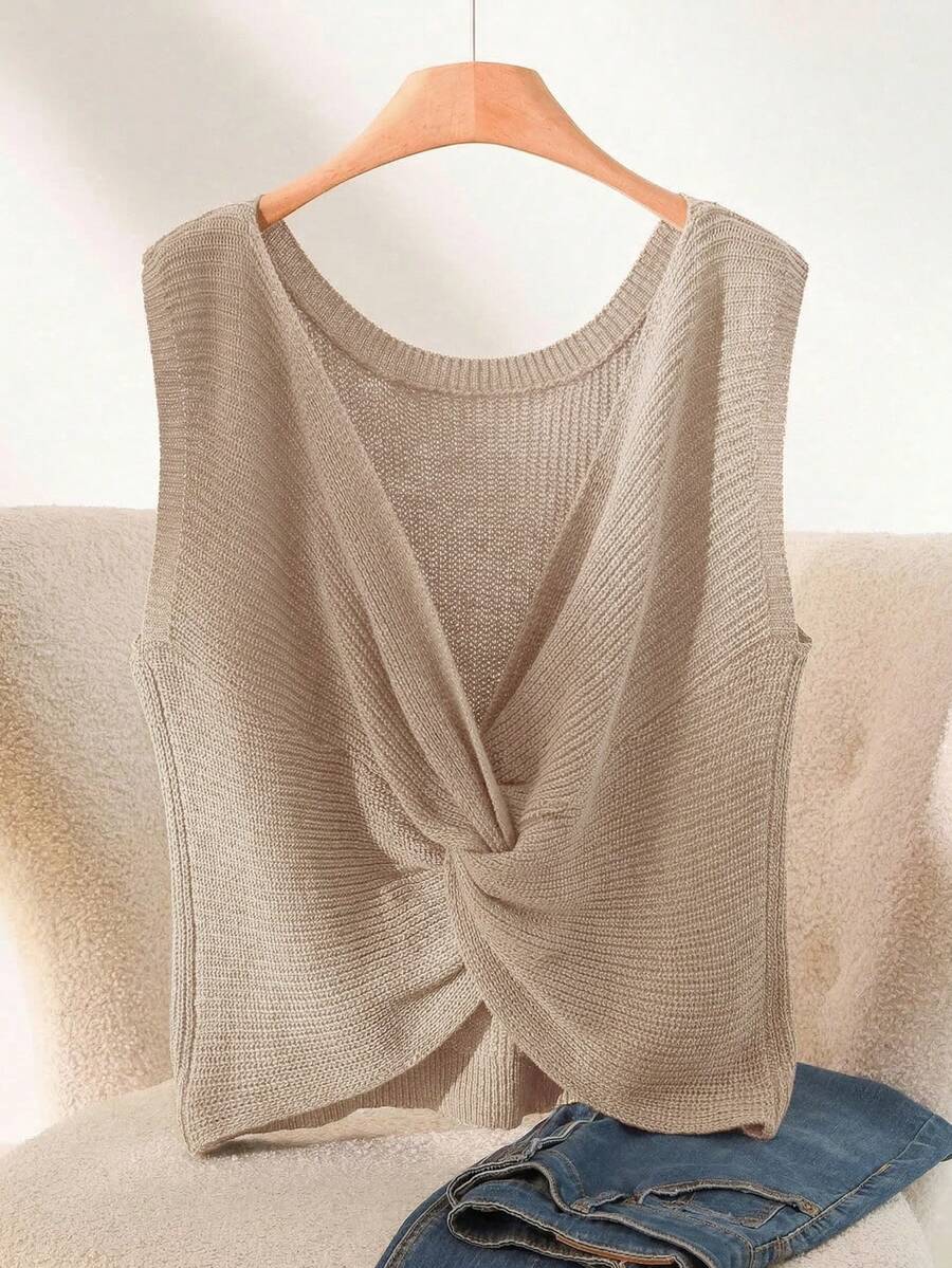 CosyJoli Plus Size Casual Twist Knot Sleeveless Knit Tank Top - Khaki - View 1