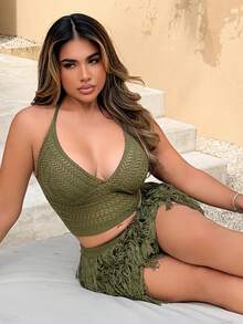 Maria Perezxox 女式 V 领露背短款上衣和流苏下摆迷你裙 2 件套，适合派对、圣诞节、约会之夜、夜总会、波西米亚风、波西米亚风、度假、秋季 - 軍綠色 - 查看 4