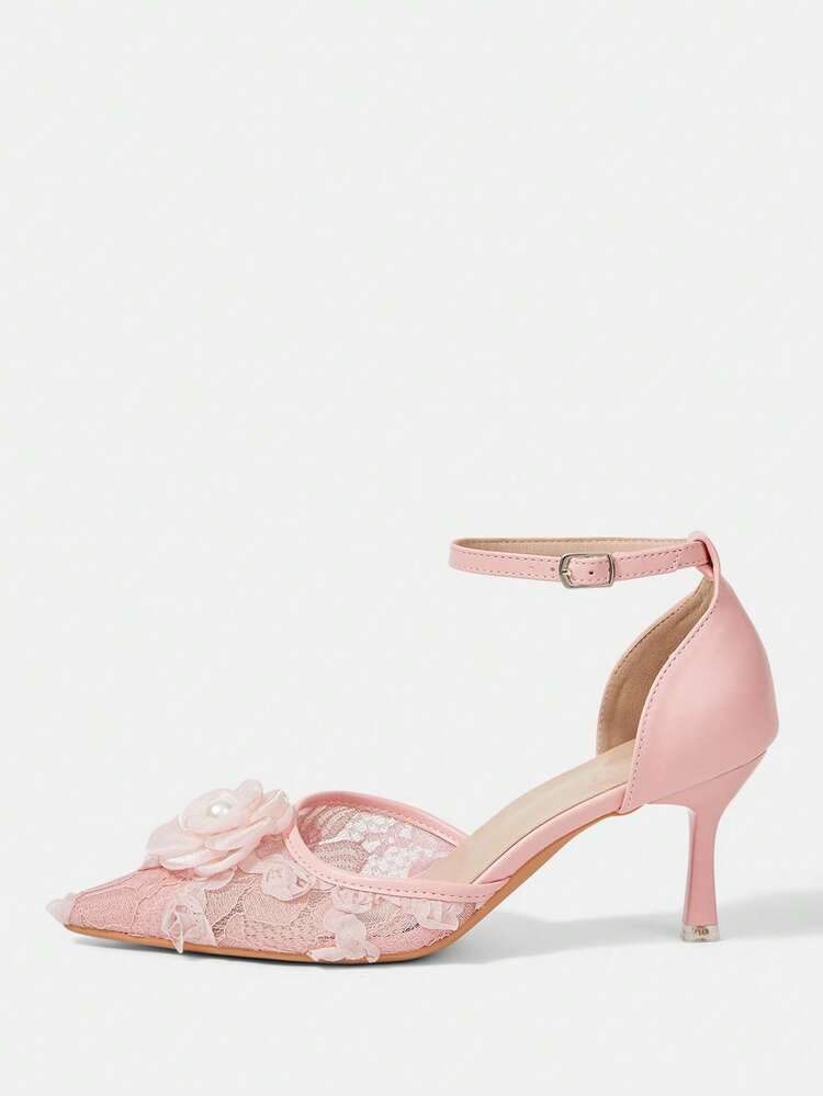 CUCCOO HITCHD Spring And Autumn New Pink Flower Mesh Lace Pointed Toe Heel Stylish Elegant Hollow Women's High Heel Shoes