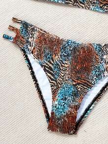 Swim Vcay 2026春夏女士露背碎花吊带性感比基尼套装，随机花朵图案侧高衩泳衣 - 彩色 - 查看 5